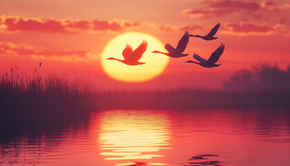 Wall Mural - Silhouette of three geese flying over a lake at sunset.