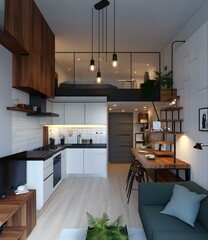 Sticker - Modern Loft Apartment Interior Design with a Kitchen, Living Room and a Bedroom on a Mezzanine