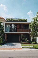 Sticker - Modern House with Green Roof and Stone Driveway