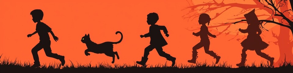 Wall Mural - Silhouette of Children and a Cat Running in a Halloween-Themed Landscape with Orange Background