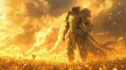 A golden warrior stands amidst a field of glowing particles against a backdrop of dramatic sunset clouds.