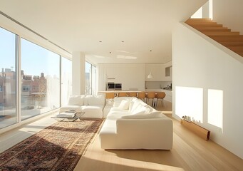 Canvas Print - Modern Living Room with White Sofa and Large Windows