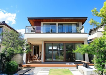 Sticker - Modern White House with Balcony and Wooden Deck in Front Yard