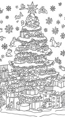 Poster - Christmas Tree with Presents and Snowflakes Coloring Page