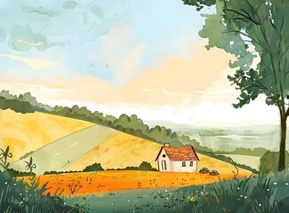 Wall Mural - Rural Landscape Watercolor Illustration