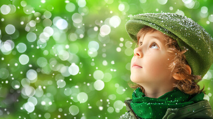 Wall Mural - A young boy dressed elegantly in green attire expresses gratitude to God with a thankful gesture