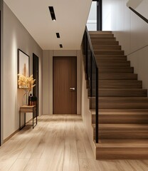 Sticker - Modern Interior Design Hallway With Wooden Stairs