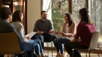 Sticker - A group of people, including a male business coach, sit in a circle, engaged in a discussion.