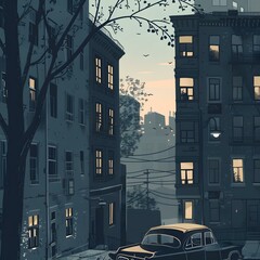 Wall Mural - Vintage Cityscape Illustration with a Car