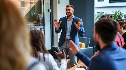 Sticker - A male business coach passionately delivers a presentation to a group of attentive audience members.