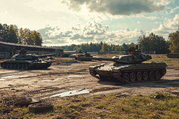 Steel Titans: A Glimpse into the World of Military Tank Training on a Dusty, Sun-Drenched Field.