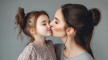 Wall Mural - A woman kisses a little girl on the cheek