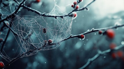 Wall Mural - Spider Web with Dew Drops and Berries in a Misty Forest