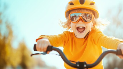 Poster - Young boy learning to ride a bicycle with a proud smile, showcasing developmental milestones.