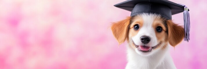 happy dog wearing graduation cap against a colorful background, symbolizing success and achievement in education