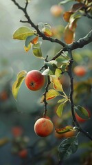 Wall Mural - Close-up of ripe red apples on a branch with green leaves in a soft light.