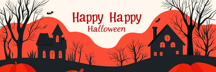 Wall Mural - Spooky Halloween Landscape with Haunted Houses, Bats, and Pumpkins in Red and Black Color Scheme