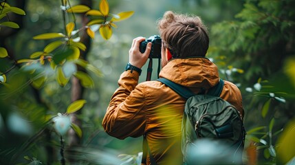 Man holding a camera taking pictures of nature 50mm f/1.8 lens, f/5.6 aperture, ISO 100 and natural light, half body photograph, realistic textures .generative ai