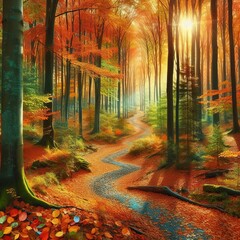 Wall Mural - Dense forest with colorful trees in autumn Including winding paths covered with fallen leaves