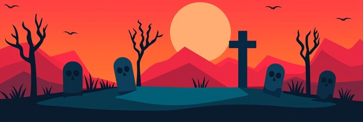 Wall Mural - Spooky Graveyard at Sunset with Tombstones, Crosses, and Barren Trees Silhouetted Against a Red Sky