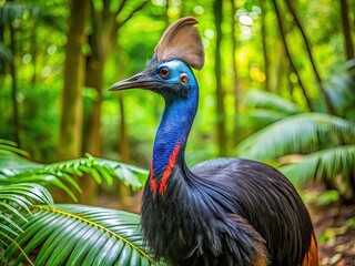 Large, dark-feathered cassowary bird stands majestically in lush green forest, its distinctive casque on head and sharp claws evoking a sense of wild, ancient power.