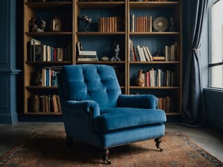 Wall Mural - A cozy blue armchair positioned in front of a well-stocked bookshelf, inviting relaxation.