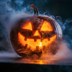 Wall Mural - Glowing jack-o-lantern emits eerie light amidst swirling fog at night