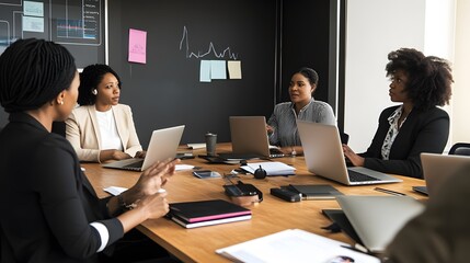 Canvas Print - Four women in a meeting around a table.