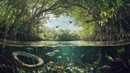 Wall Mural - A mangrove forest with roots submerged in water, home to anaconda snake , fish, birds, and crustaceans, illustrating a coastal ecosystem