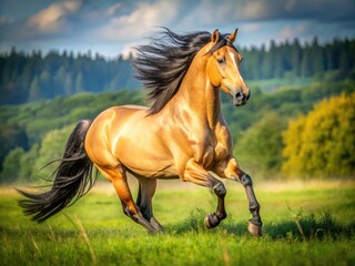 Magnificent buckskin horse with golden coat and black mane, galloping freely in a lush green meadow, with sunlight illuminating its powerful muscles.