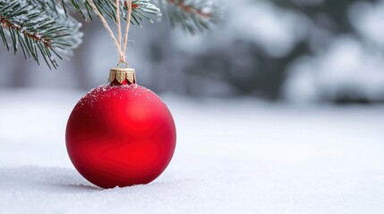 Poster - A red christmas ornament hanging from a tree branch in the snow, AI