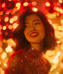 Wall Mural - Portrait of smiling beautiful young Asian woman at the party celebrating Christmas