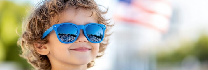 A happy child with sunglasses and hat with american flag on blur tree background, celebrating american Independence day, 4th of July 2024