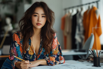 A photo of an Asian woman with wavy hair, wearing colorful floral blouse and jeans sitting at her desk in the studio drawing fashion sketches on paper. The background is filled wit