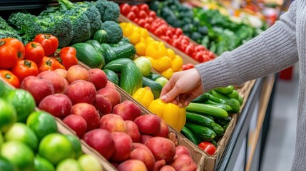 Canvas Print - A person picking up a yellow pepper in the produce section, AI