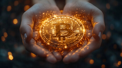 A woman's hands holding a glowing Bitcoin in a hologram-style display, set against a dark background. 