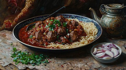 A Delicious Plate of Meatballs with Noodles, Onions, and Herbs in a  Painting