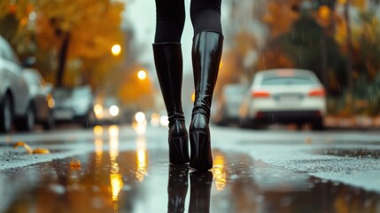 Sticker - A woman in black boots walking down a wet street, AI