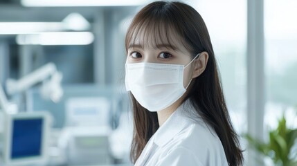 Young Woman in Lab Coat Wearing a Face Mask