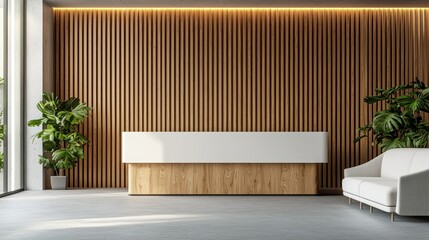 Wall Mural - Modern Reception Area with Wooden Wall and White Counter