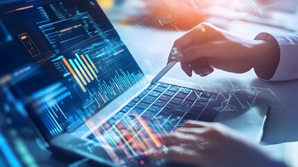 Poster - A person's hand points at a laptop screen showing data and graphs.