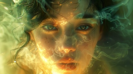 Close-up portrait of a woman with smoke and light surrounding her face.