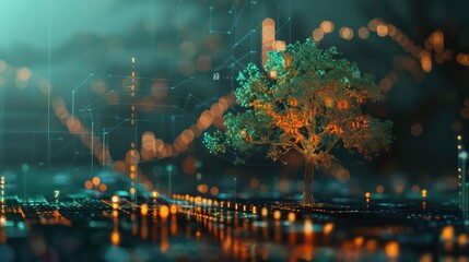 A futuristic digital tree growing from a glowing grid with lights and bokeh in the background.