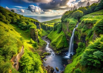 Wall Mural - Majestic landscapes unfold in Glenariff Forest Park, Northern Ireland, where lush greenery, misty waterfalls, and winding trails converge amidst ancient woodland and rugged coastline scenery.