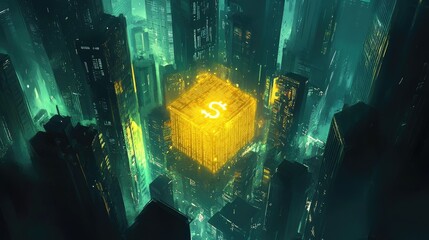 A futuristic cityscape featuring a glowing cube with a dollar sign, symbolizing finance and technology.