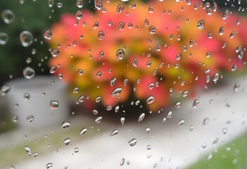 Raindrops on a window with blurred autumn leaves in the background