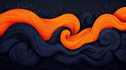 Vivid swirls of orange and black create a mesmerizing abstract design that contrasts dynamic movement and stillness