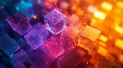 Wall Mural - abstract colorful cubes in a vibrant digital environment with glowing lights and reflections, showca