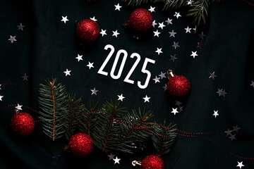 Wall Mural - new year 2025 dark background. number of the coming year in christmas decoration.