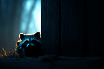 A curious raccoon peeks out from behind a wooden door in a mysterious, dimly lit forest setting.